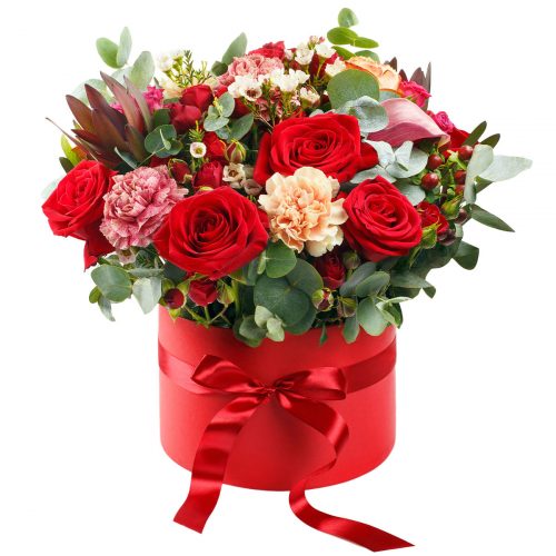 Цветы в шляпной коробке «Алый Вальс»