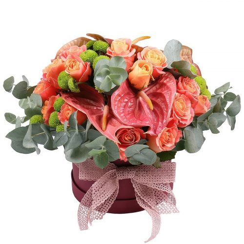 Цветы в шляпной коробке «Коралловый вихрь»