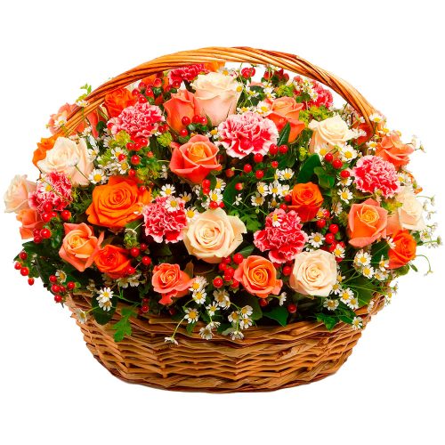 Подарочная корзина с цветами «Кремовый закат»